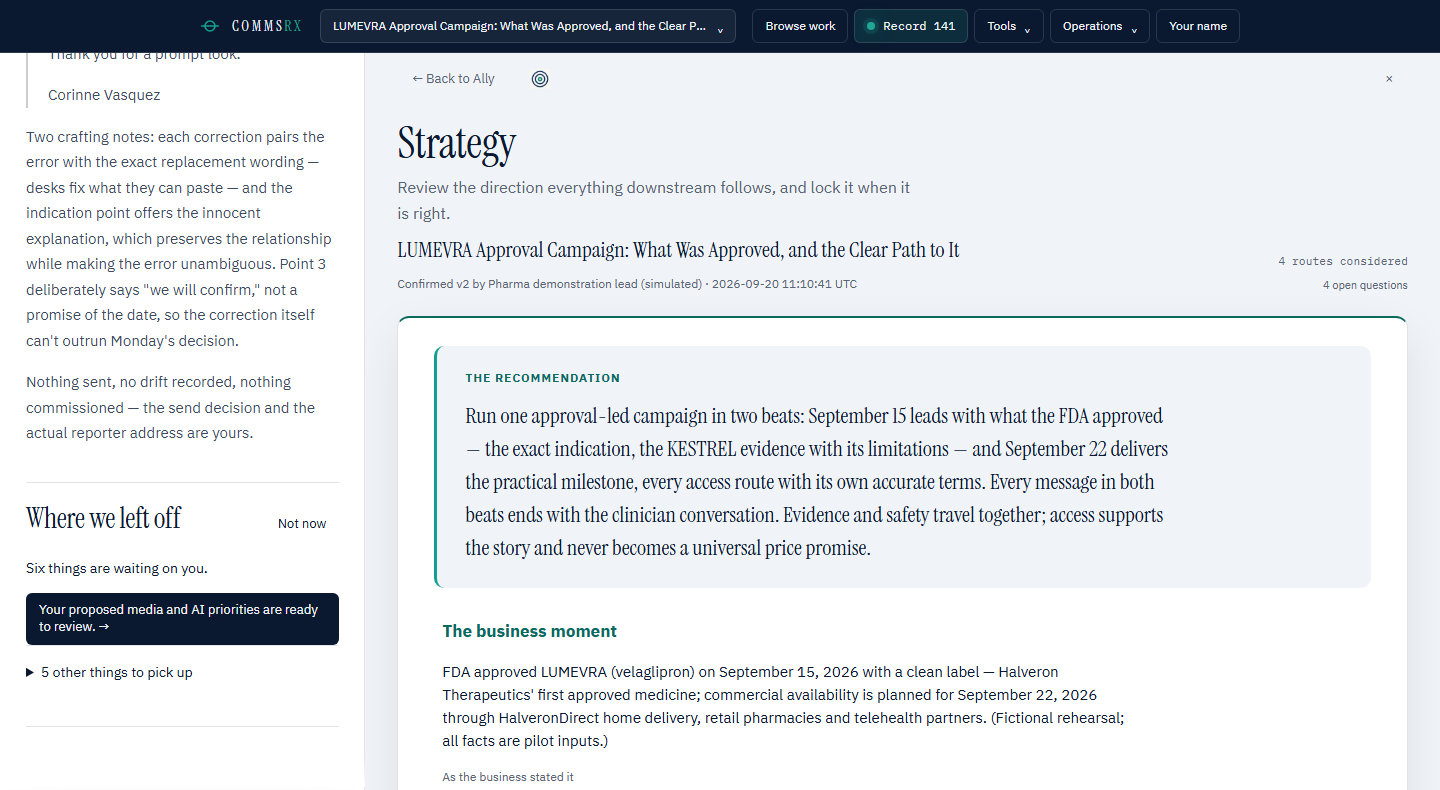 Illustrative CommsRx Strategy screen for the fictional LUMEVRA case