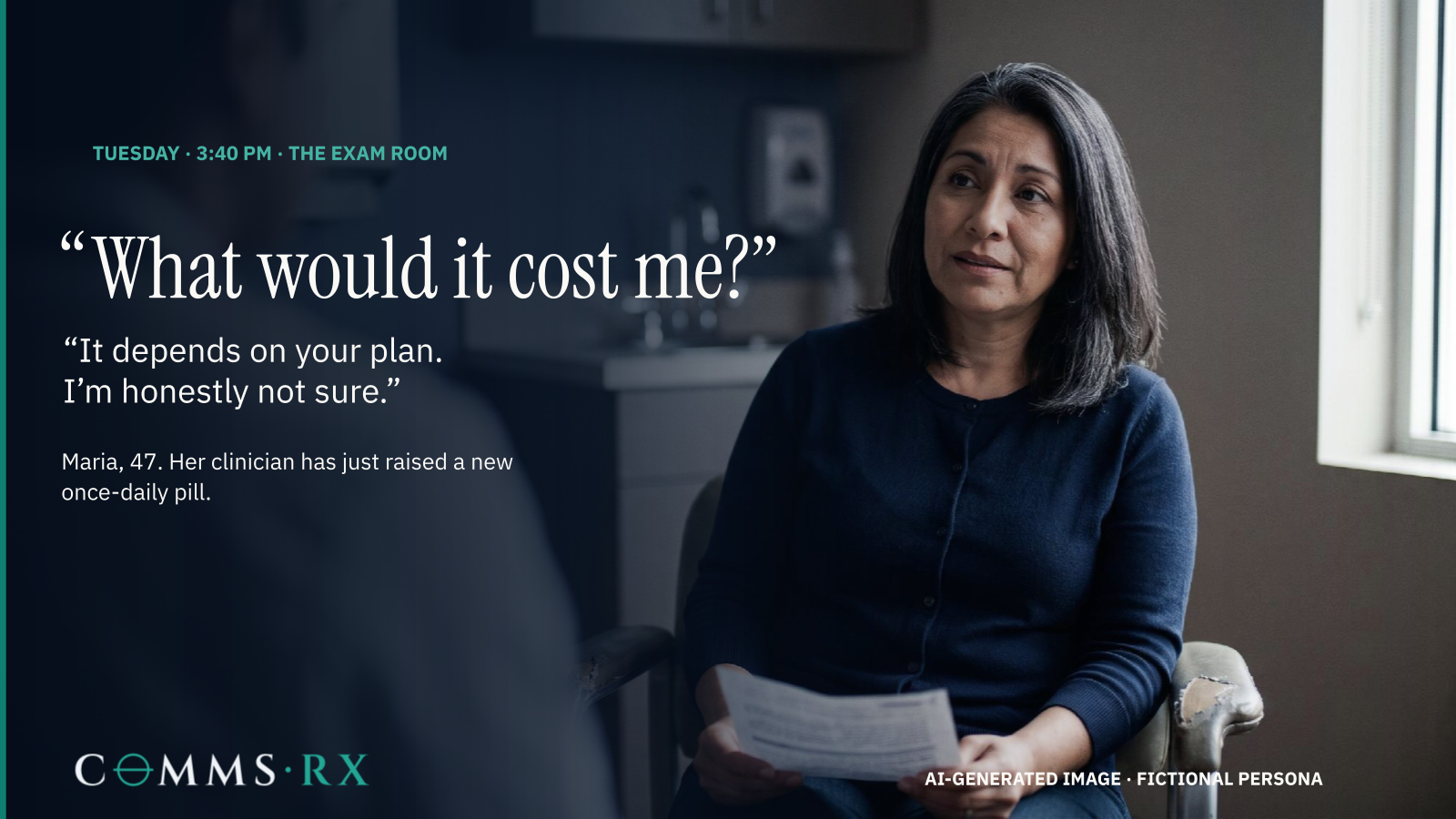 Retained fictional Green Thread briefing slide: Maria asks what the medicine would cost. Her clinician is unsure because it depends on her plan.