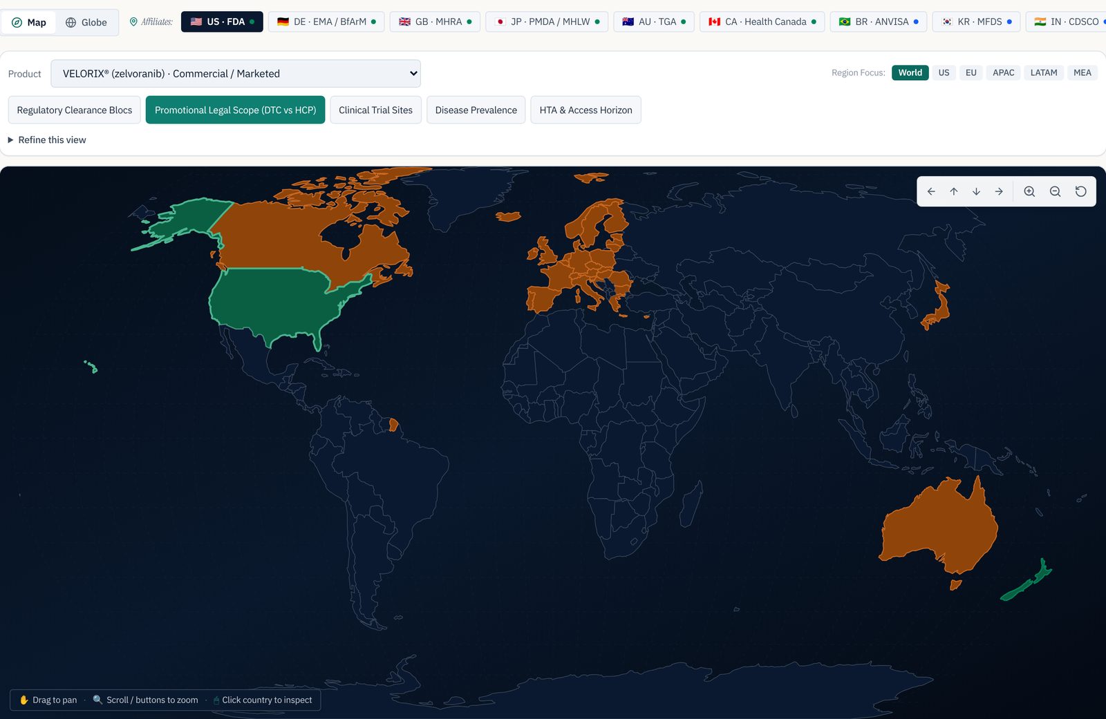 The CAMS global distribution map for VELORIX, showing affiliate markets and their regulators, with the promotional legal scope lens selected.