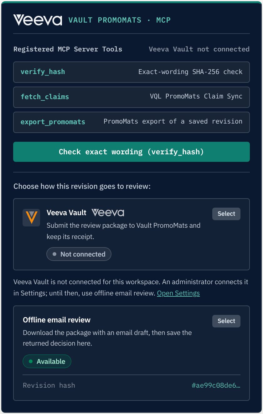 The Veeva Vault PromoMats panel in CAMS MLR review. Under Choose how this revision goes to review, Veeva Vault reads Not connected and Offline email review reads Available, with the revision hash.