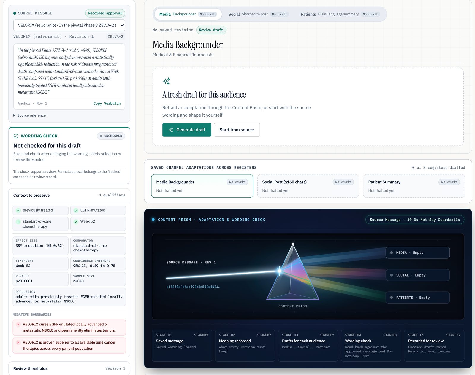 CAMS Channel Studio for one saved VELORIX message: the source message with its recorded approval label, a wording check that reads Not checked for this draft, the context to preserve and negative boundaries, and tabs for media, social and patient drafts.