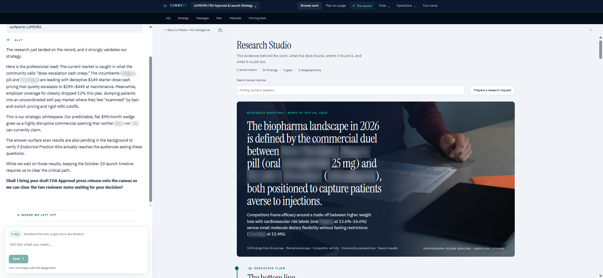 CommsRx with Ally's read of new research beside the Research Studio briefing for the LUMEVRA launch